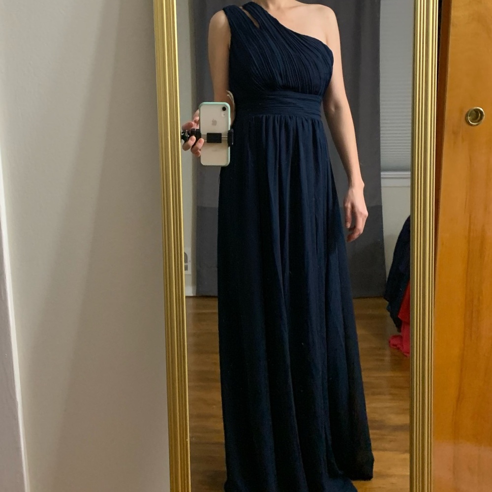 Bill Levkoff Navy One-Shoulder Pleated Evening Gown